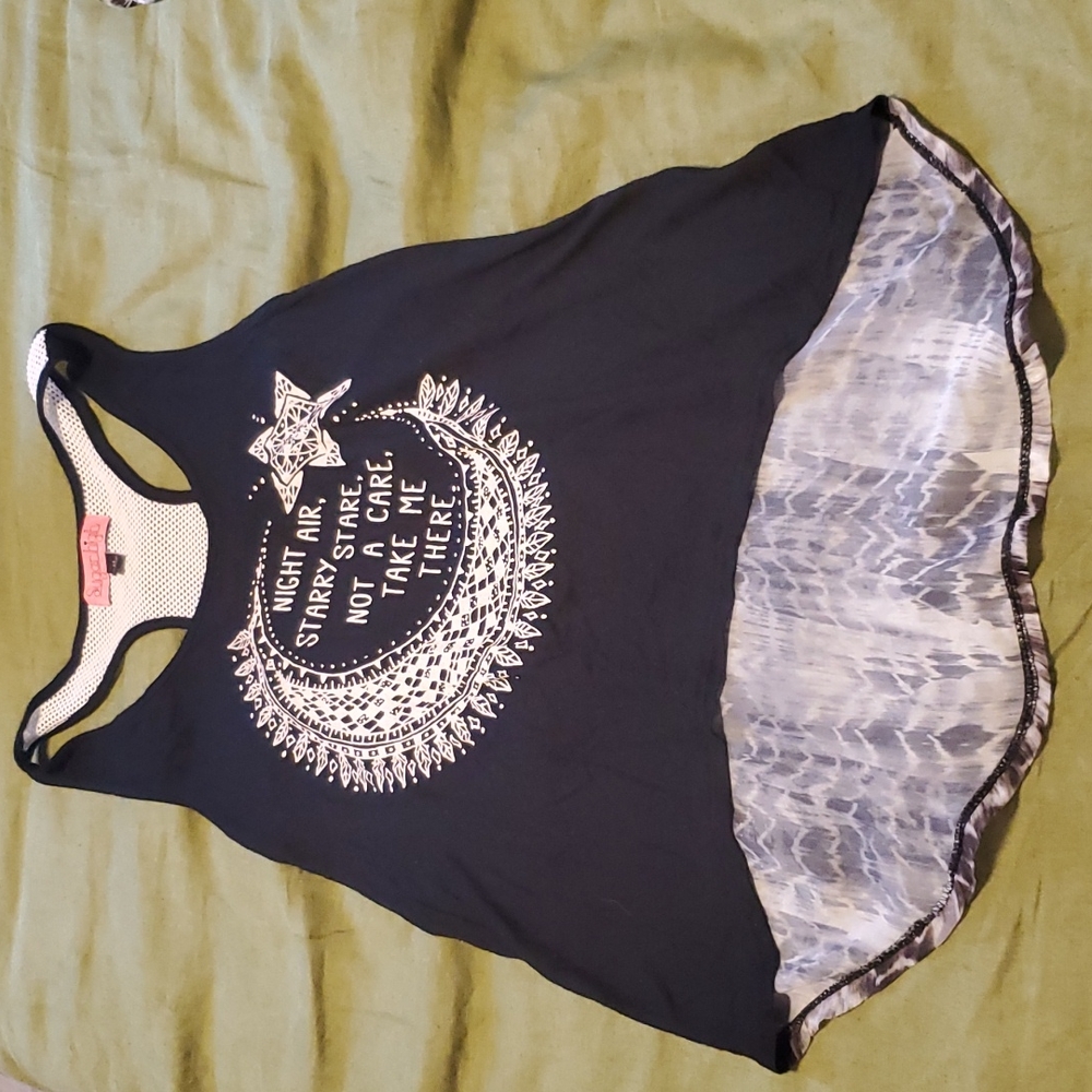 Sugar High tank top size Medium. Black detailed front. Gray feathered back.